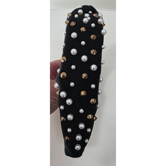 Lele Sadoughi woven pearl Knotted Headband Jet velvet Headband Gold stud